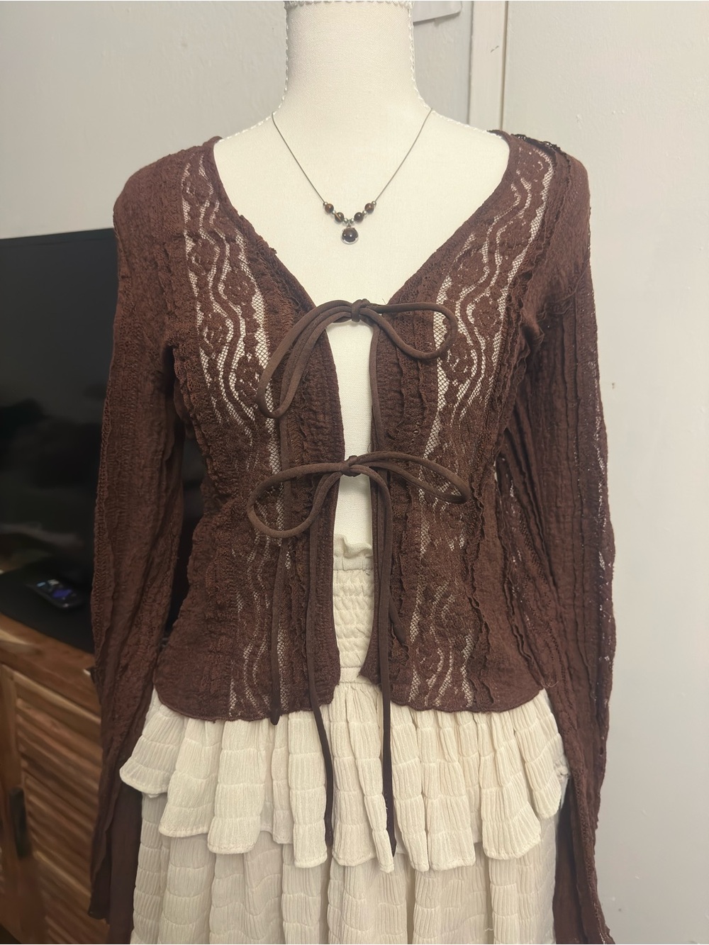 Brown Lace Tie-Front Cardigan